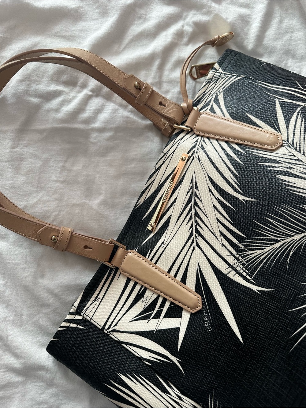 Brahmin Black & Cream Palm-Print Tote with Tan Straps